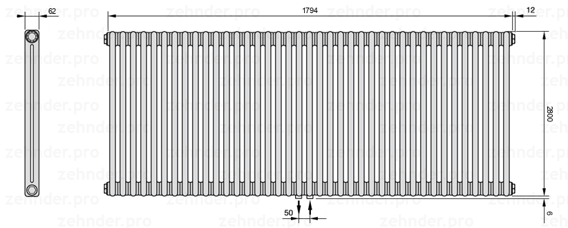 Схема (чертеж) Радиатор Zehnder Charleston 2280/39 №5410 Белый глянцевый RAL 9016